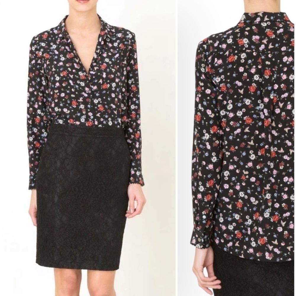 THE KOOPLES 100% Silk Floral Button Up Blouse Dark Romantic Office Sz S